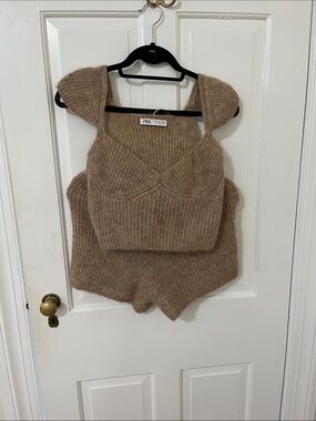 Zara Ribbed Knit Two-Piece Set in Taupe